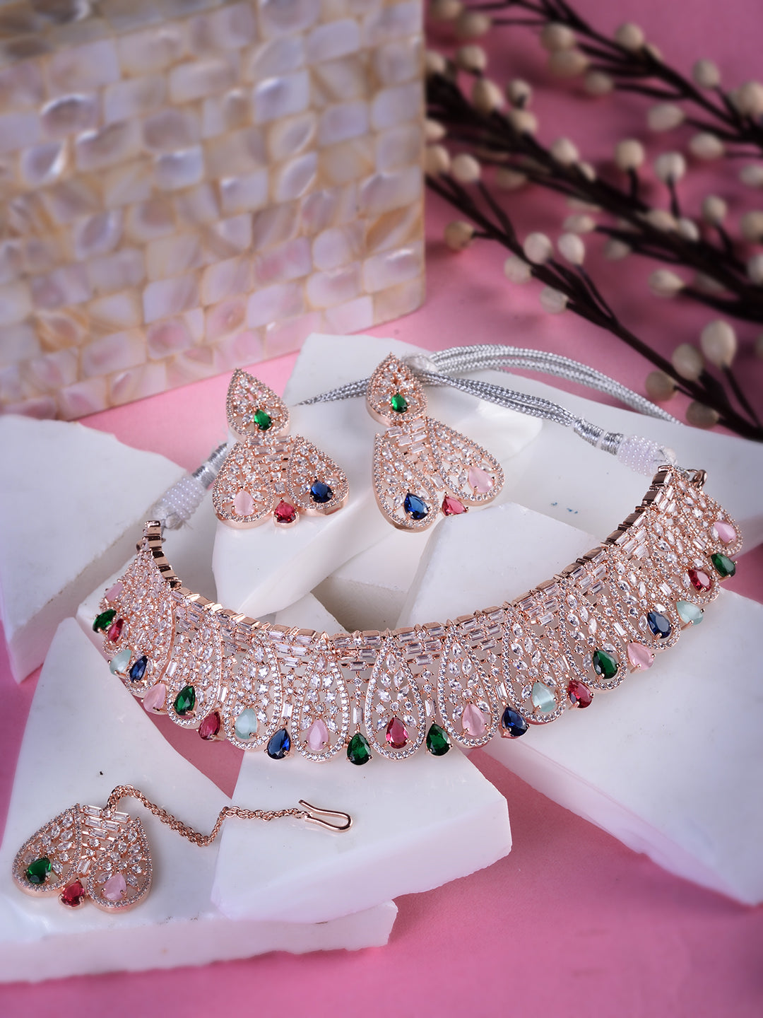 Rose Gold Plated Nav Ratna AD Studded Choker Jewellery Set, zaveri pearls, sale price rs, sale price, sale gold plated, sale gold, sale, rubans, ring, regular price, priyassi jewellery, kusha